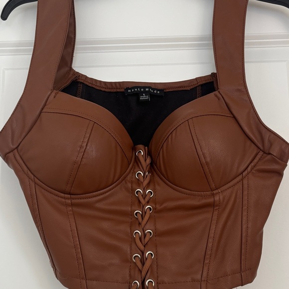 Haute Monde Brown Leather Lace-Up Crop Top - Picture 5 of 6